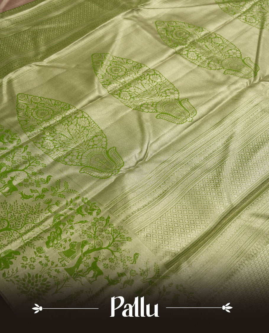 Light Pink Tissue Saree, Green and Magenta Forest Animal Print with Birds and Deer, Decorative Zari Border, Scalloped Pallu Design, with Matching Blouse