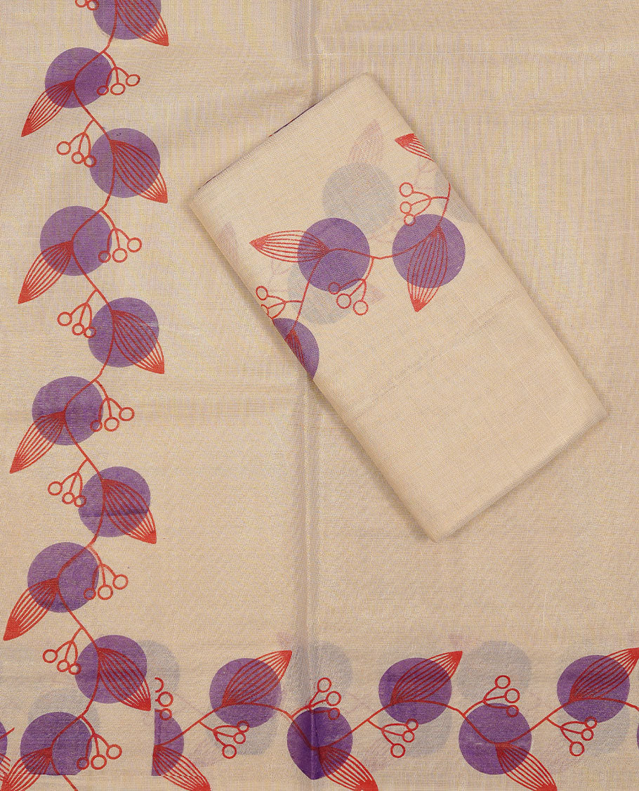 Cream colour Tissue silk set mund Featuring Elegant plain body, Complemented by Kodi with Circle design border.