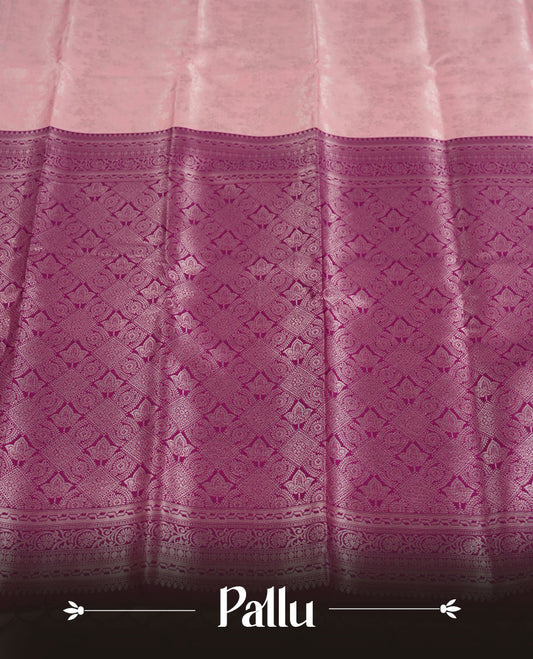 Blush Pink colour Semi Silk Saree with Allover Subtle Floral Self-Weave on the Body, Contrasting Plum Purple Zari Woven Pallu and Border Featuring Intricate Geometric Motifs and Tassels, Paired with Coordinated Blouse Piece