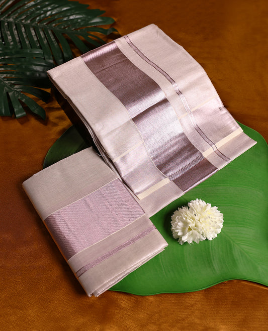 Light rose Gold colour tissue SET MUNDU featuring a plain body, complemented by a Bold Rose Gold toned 3 Inch border( 2.00/2.80 MTS)
