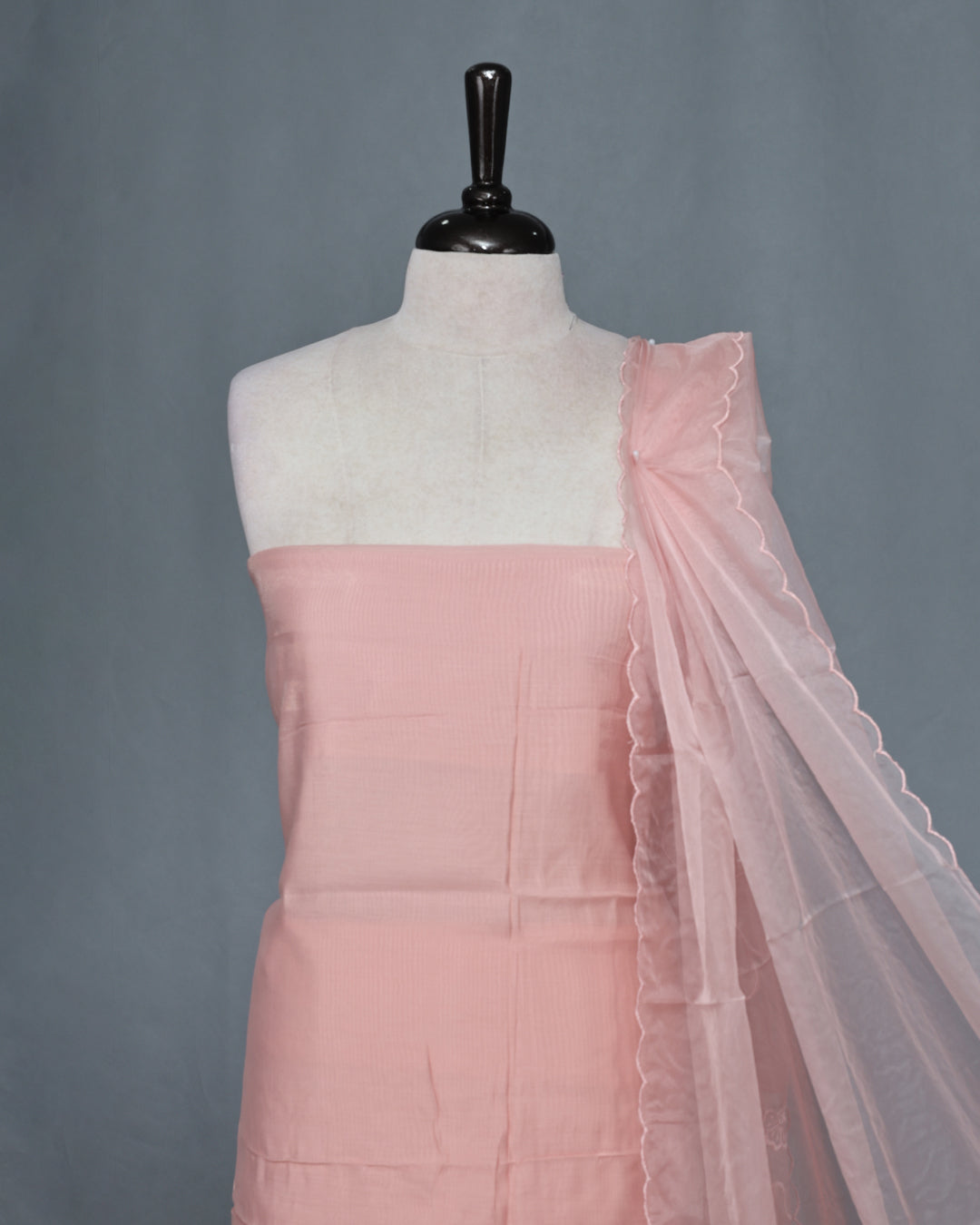 Baby Pink Colour Mul Chanderi Salwar Material paired with a matching bottom and an elegant floral embroidered organza dupatta