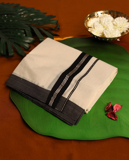 Light ivory Colour cotton double dhoti with 1.5 Inch Black kara, crafted for traditional elegance & comfort, for men.