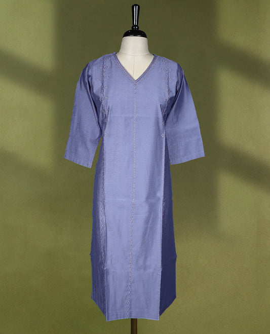 Ash Blue Colour V neck Readymade kurti with embroidery work for women, featuring 3/4 sleeves.