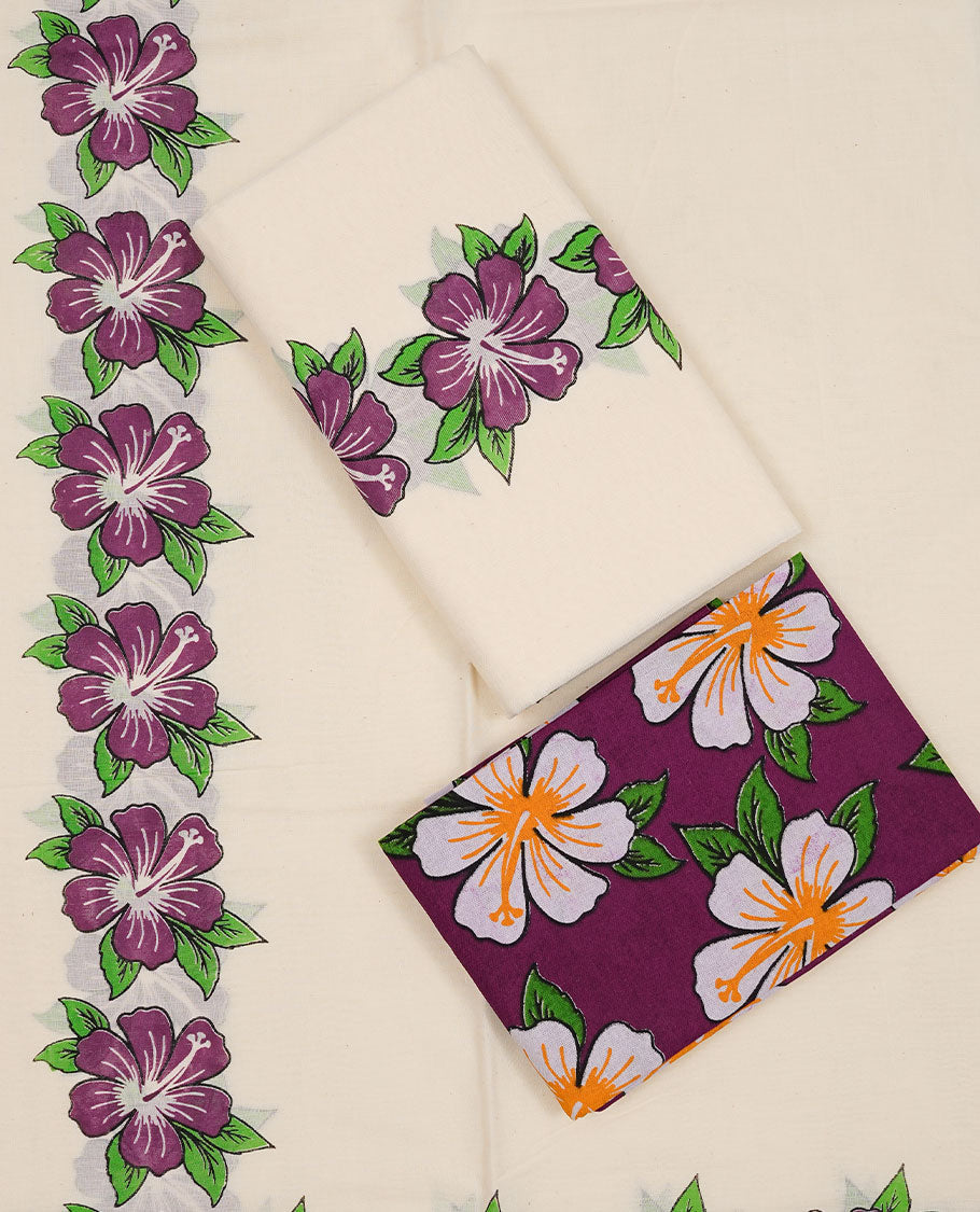 Off white colour Cotton Set Mund featuring a plain body, enhanced by a purple floral printed border.