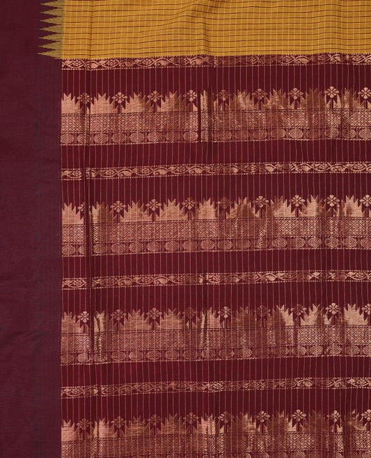 Brighr Mustard colour mixed Kalyani cotton saree featuring Maroon Checks throughout the body, paired with a Maroon colour traditional border and pallu, with matching blouse