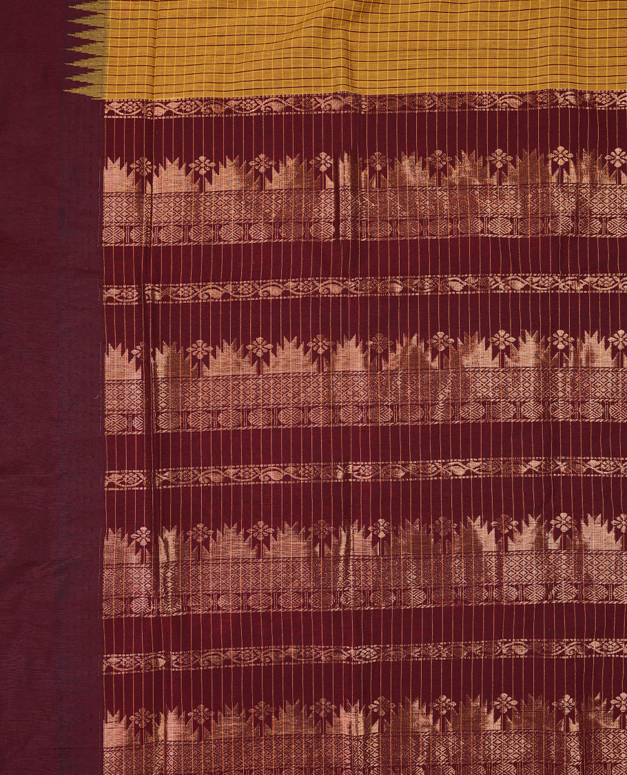 Brighr Mustard colour mixed Kalyani cotton saree featuring Maroon Checks throughout the body, paired with a Maroon colour traditional border and pallu, with matching blouse