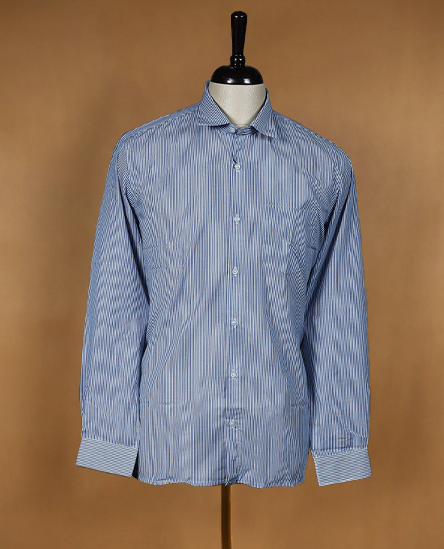 Sky blue Peter Eglend men's formal shirt in a soft cotton blend, featuring fine white vertical pinstripes, full sleeves with contrast cuffs, classic collar, and a chest pocket.