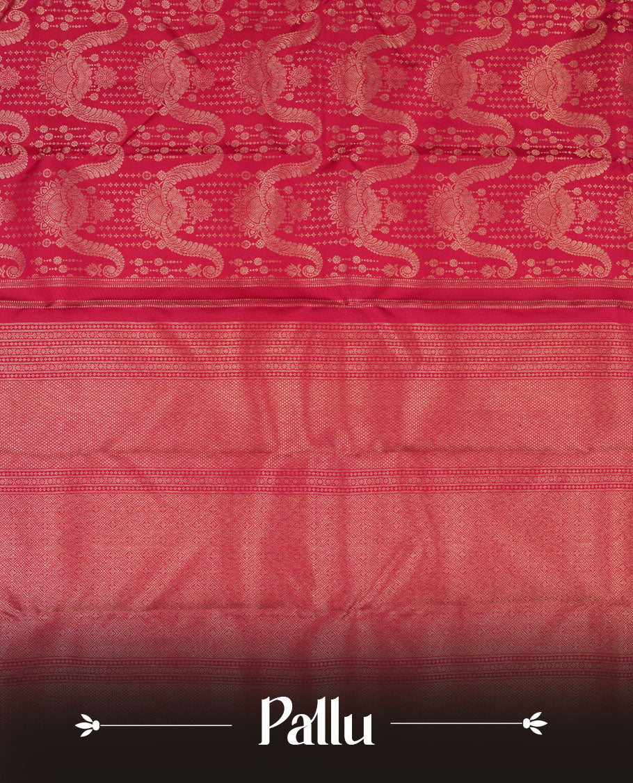 Ruby Red colour Kanchipuram pattern Manthrakodi saree featuring with geometric and banarasi floral antique zari weaving in kanchipuram zari jacquard body, self traditional border and zari jaquard blouse piece.