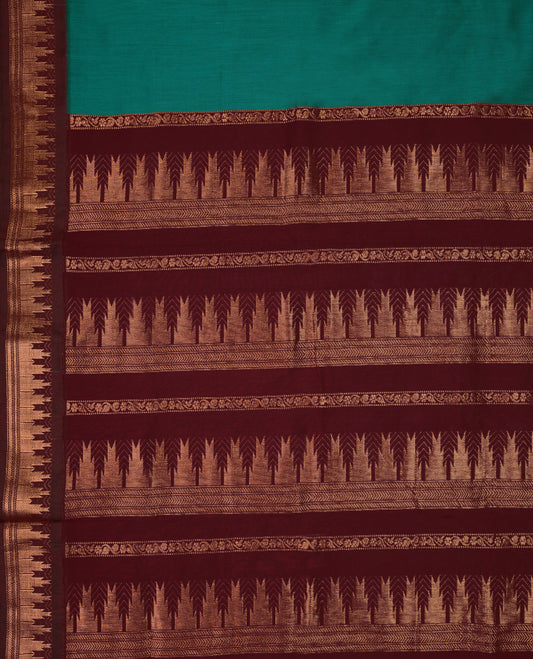 Peacock Green colour mixed Kalyani cotton saree featuring Plain body, paired with Maroon colour traditional border and pallu, with matching blouse