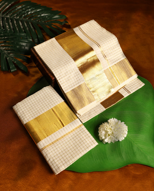 Off white colour cotton SET MUNDU featuring Gold Zari small checked body, complemented by a Bold Gold Zari border(2.00/2.80 MTS)