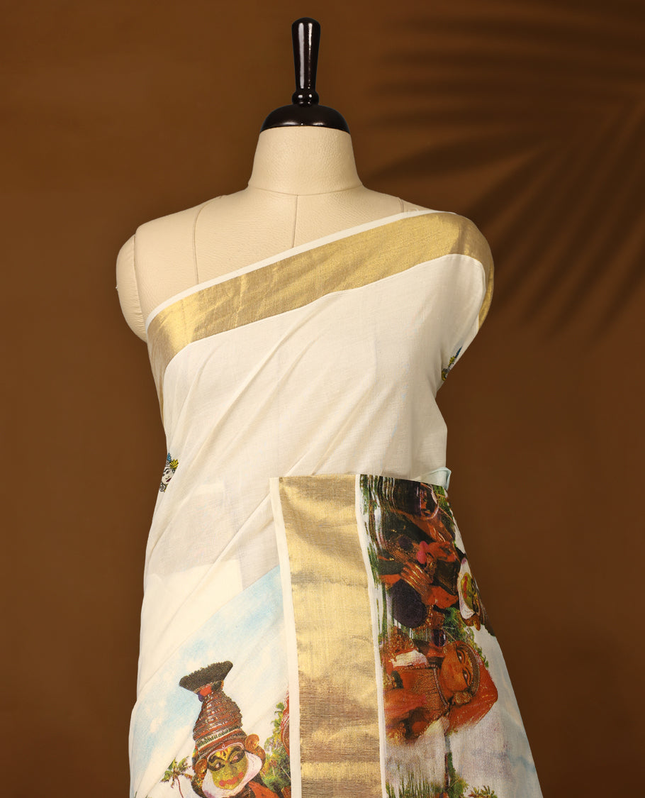 Elegant off white Kerala cotton saree featuring Kerala’s traditional cultural and scenic digital prints, beautifully enhanced with a classic golden zari border paired with a matching blouse.