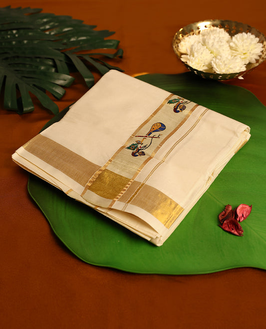 Light ivory Colour cotton double dhoti with 1.5 Inch Golden kara with digital Print, crafted for traditional elegance & comfort, for men.