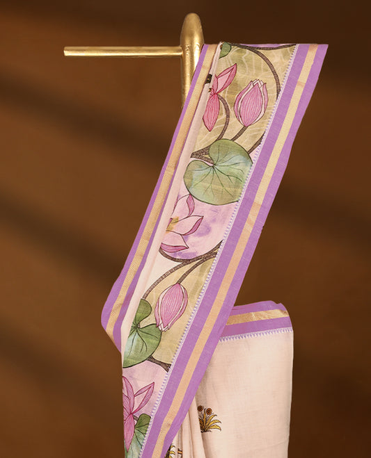 Off white and Light Purple Colour lightweight khadi cotton saree with earthy-coloured digital floral prints on the Body and pallu, paired with a matching blouse.