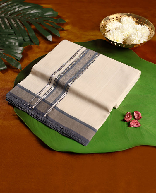 Off white pure handloom double dhoti featuring a greyish blue kara with dual fine line accents, woven in a soft traditional finish for comfort and elegance, ideal for cultural functions, temple wear, and festive occasions.