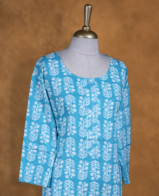 Sky and white colour kurti with White floral prints, knee length design, styled with a round neckline and a sleeve .