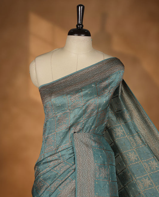 Blue Green colour Banarasi Bandhani silk saree featuring with intricate Banarasi motifs on body, complemented by antique zari woven border and grand pallu, paired with matching  blouse