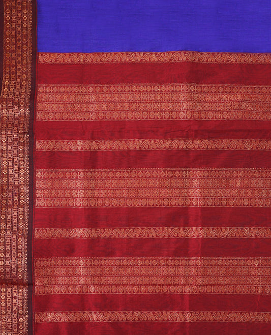 Blue colour mixed Kalyani cotton saree featuring Plain body, paired with a Maroon colour traditional border and pallu, with matching blouse