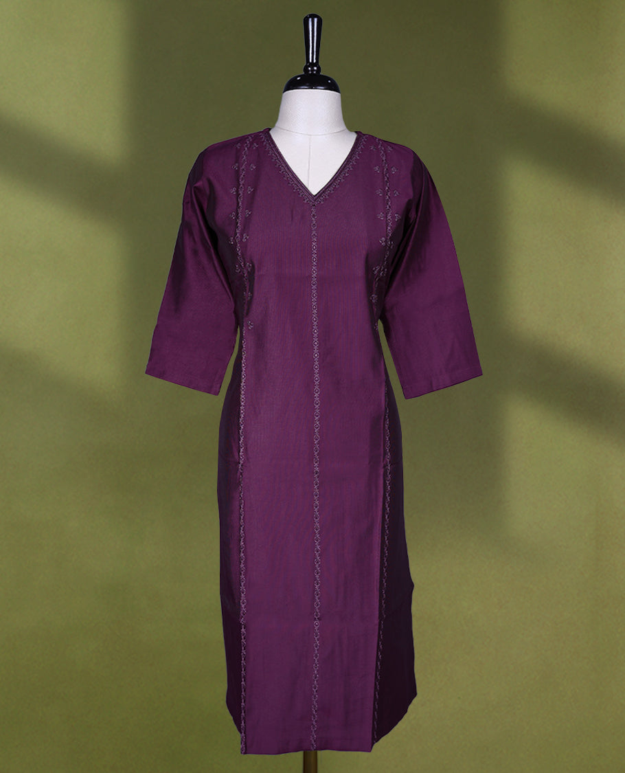 Grape Wine Colour V neck Readymade kurti with embroidery work for women, featuring 3/4 sleeves.