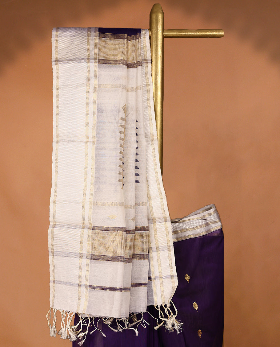Purple coloured Maheshwari Cotton saree featuring  Antique Zari Leaf motifs across the entire body, complemented by a traditional White coloured border and a matching blouse.