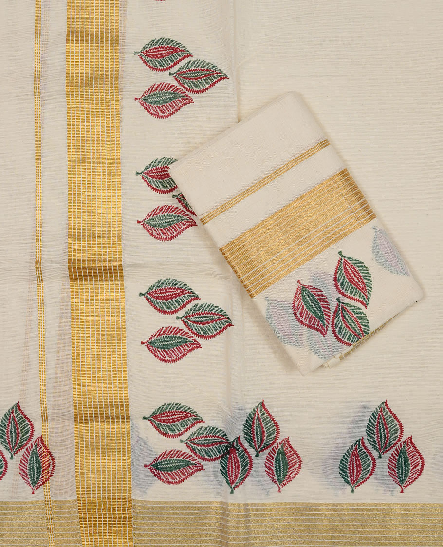 Off white colour Cotton Set Mund featuring a plain body, enhanced by a gold zari border with multicolour leaf printed motifs.