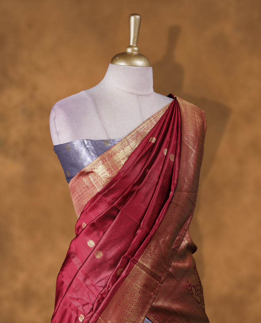 Charming Semi stitiched lavender and red Dhavani set featuring a lustrous lavender skirt with rich golden zari border, paired with a contrasting red dupatta detailed with golden motifs, perfect for festive and wedding occasions.