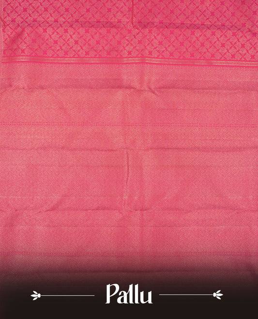 Rani pink colour Kanchipuram pattern Manthrakodi saree featuring geometrical design antique gold zari jacquard design across the body, turning zari border, and plain jacquard blouse piece.