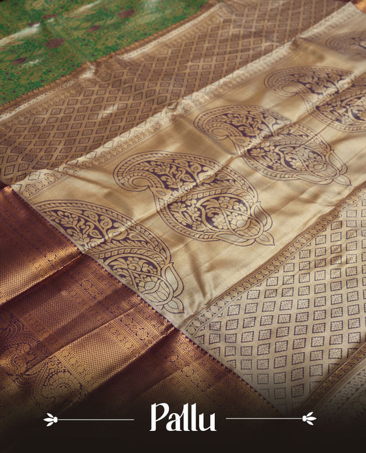 Aqua green colour and Antique gold Zari Tissue Brocade Saree features intricate floral Motifs on body and rich violet colour border & pallu with traditional patterns paired with matching blouse