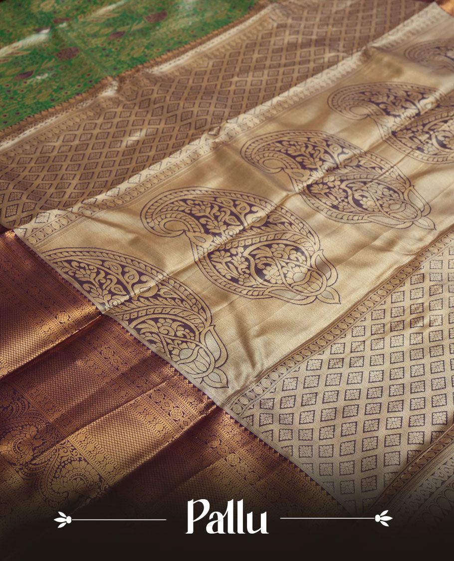 Aqua green colour and Antique gold Zari Tissue Brocade Saree features intricate floral Motifs on body and rich violet colour border & pallu with traditional patterns paired with matching blouse