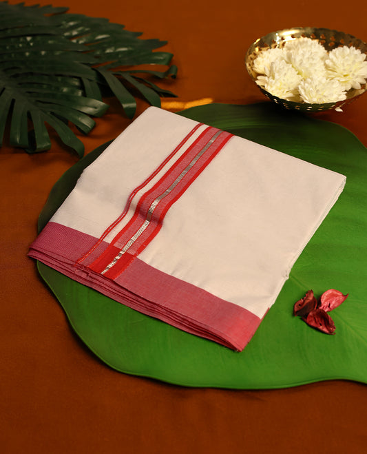 Light ivory Colour cotton double dhoti with Red kara, crafted for traditional elegance & comfort, for men.