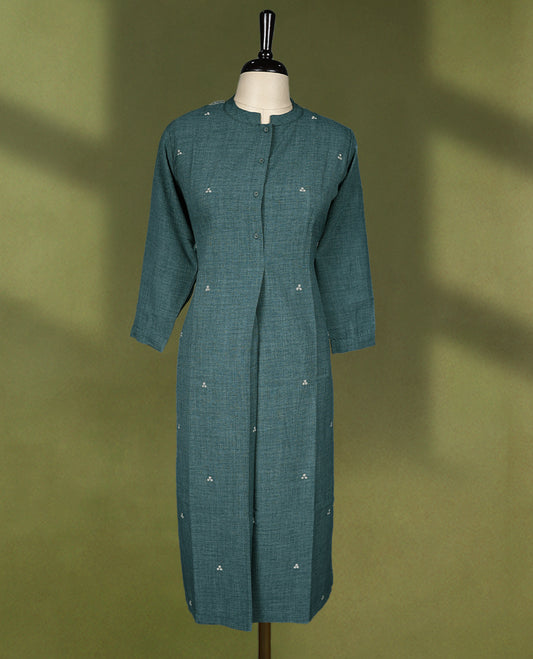 Dull green coloured Readymade kurti with thread buttas for women, featuring 3/4 sleeves.