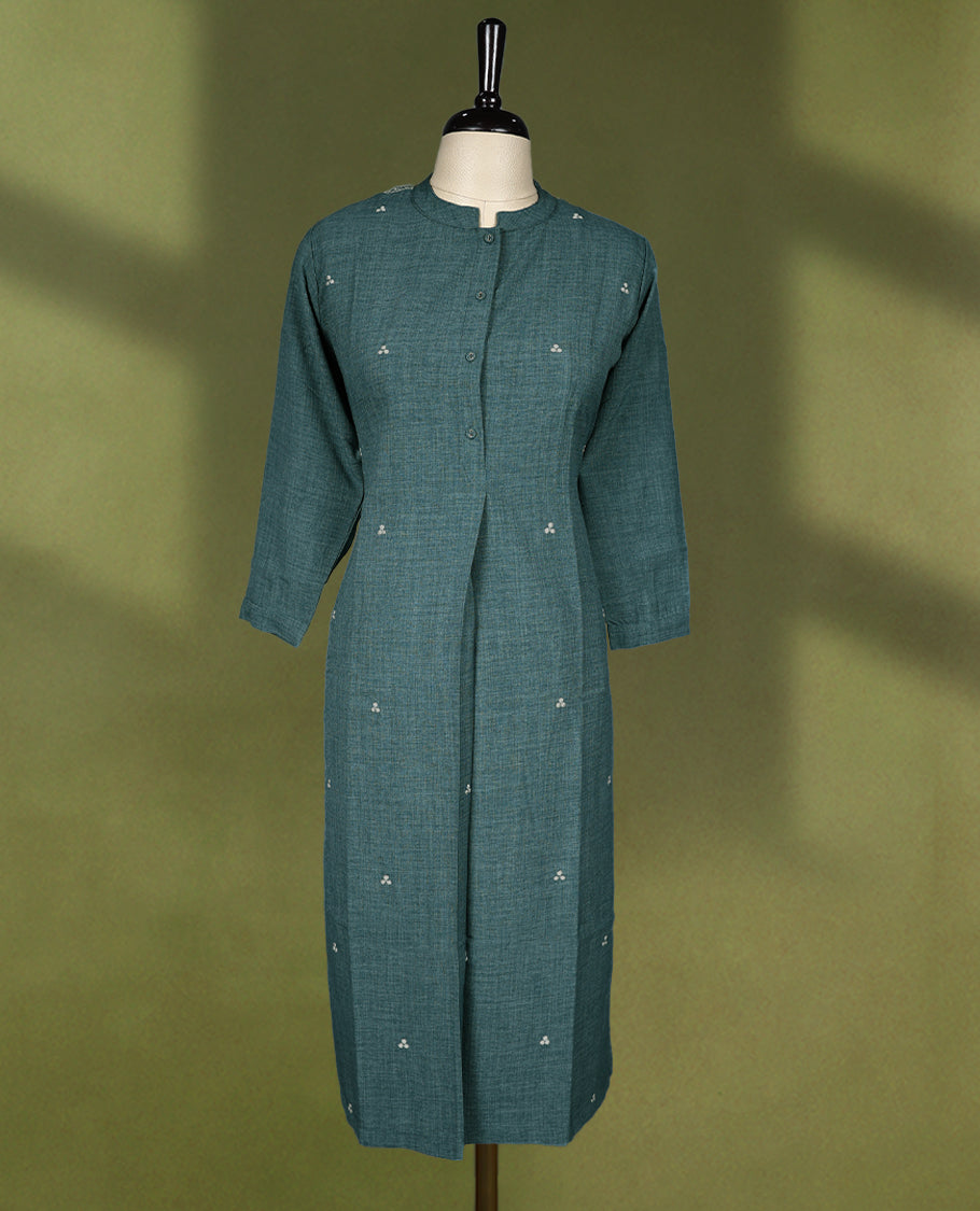 Dull green coloured Readymade kurti with thread buttas for women, featuring 3/4 sleeves.