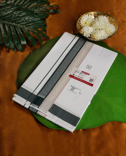 White Colour Minister White Pure Cotton single Dhoti with Dark Green Colour Border for Men