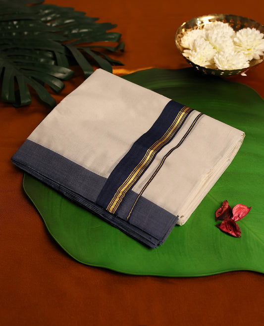 Light ivory Colour cotton double dhoti with 1.5 Inch Deep Navy Blue kara, crafted for traditional elegance & comfort, for men.