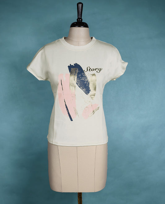 Off white round neck T shirt with short sleeves and a multi colour abstract brushstroke print on the front.