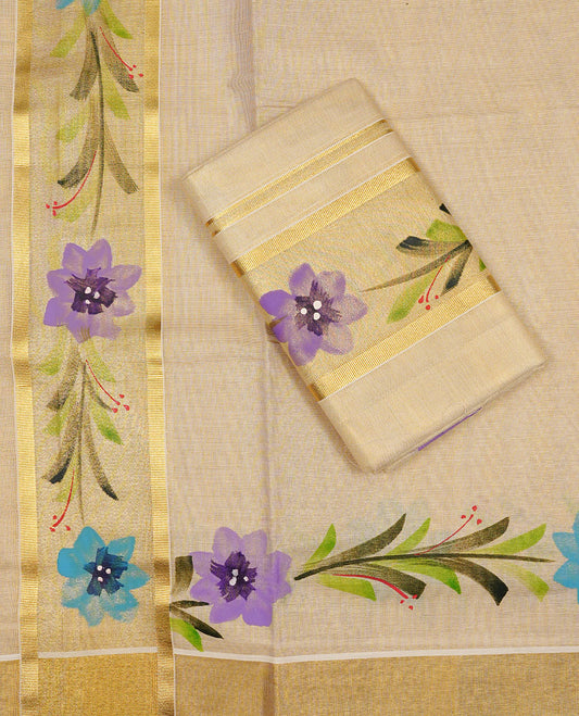 Cream colour Tissue silk set mund Featuring Elegant plain body, Complemented by Floral print with zari border.