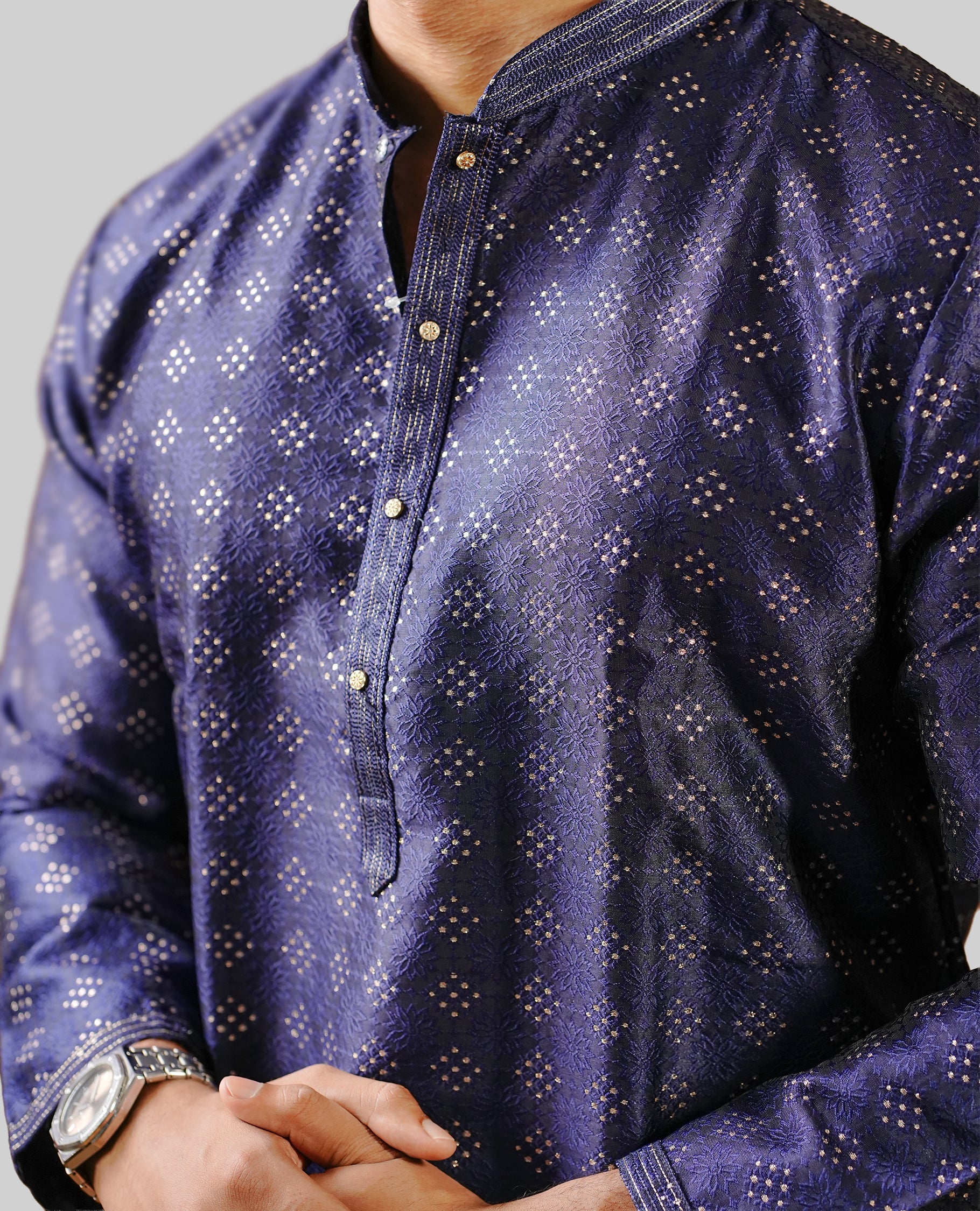 Dark Blue colour men's kurta featuring elegant gold thread work on the body, complemented by full sleeves for a refined and festive look, comes with bottom.