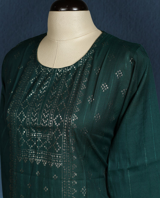 Deep green colour kurti with intricate golden geometric and floral pattern prints on the front panel, styled with a round neckline and elegant three quarter sleeves