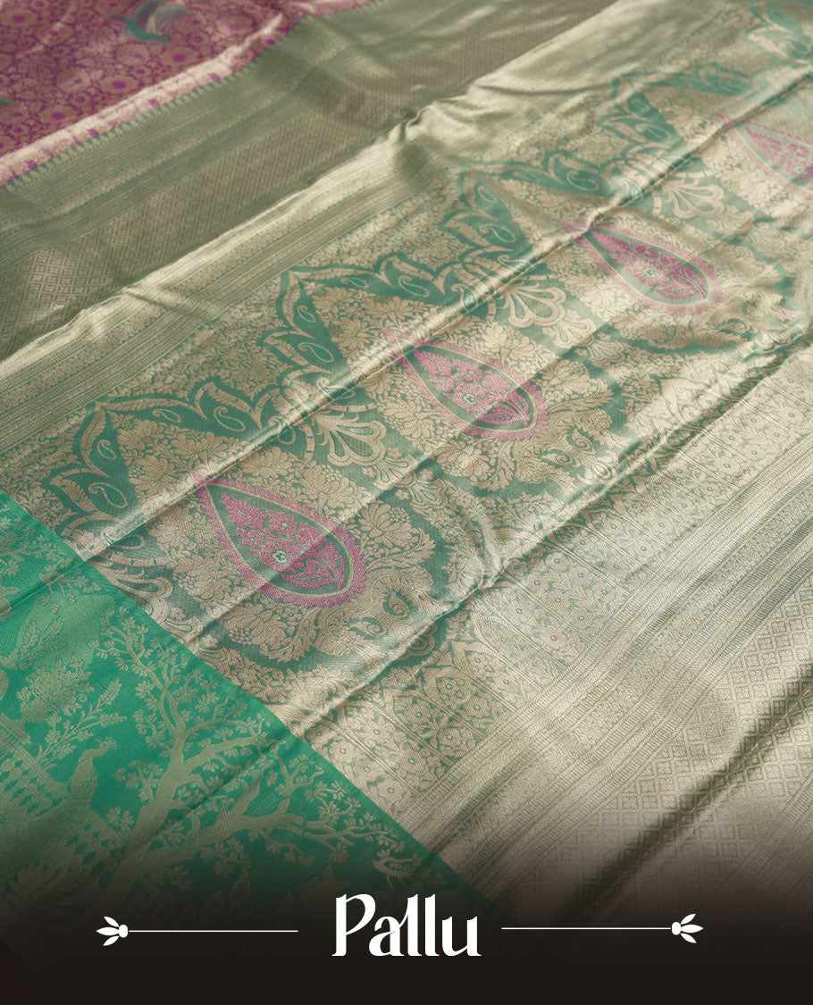 Pastel purple colour and Antique gold check Zari Tissue Brocade Saree features intricate bird Motifs on body and green colour fancy border & pallu with forest patterns, paired with matching blouse
