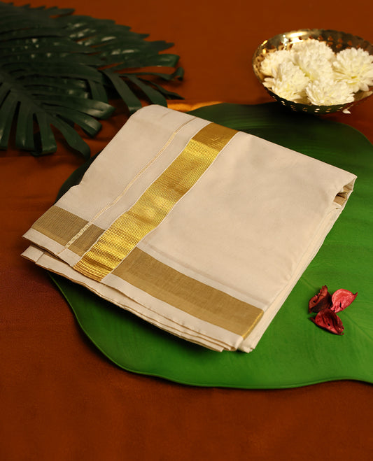Light ivory Colour cotton double dhoti with Bold Golden kara, crafted for traditional elegance & comfort, for men.
