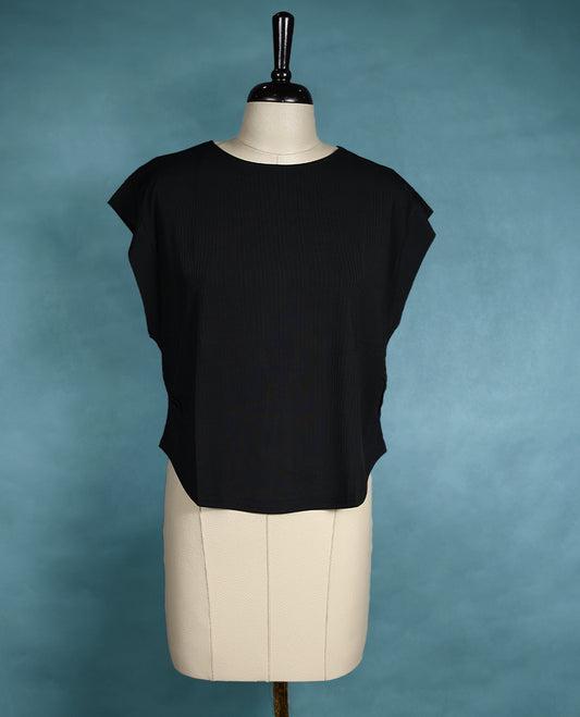 Black cap sleeve top featuring a round neck and relaxed fit, crafted from lightweight fabric for a sleek and effortless look.