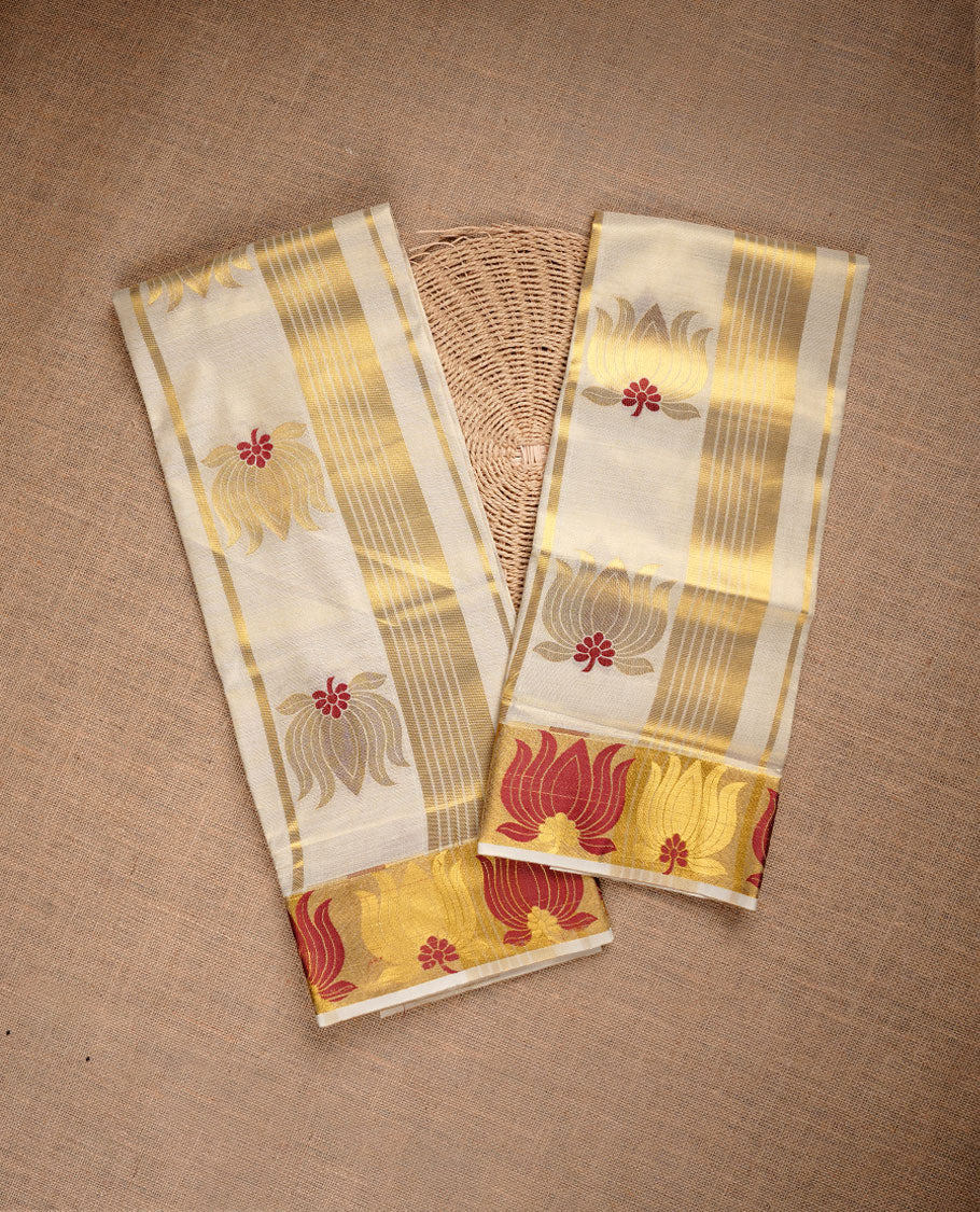 Light gold colour tissue set mundu highlighting gold zari stripes & lotus on body, border.