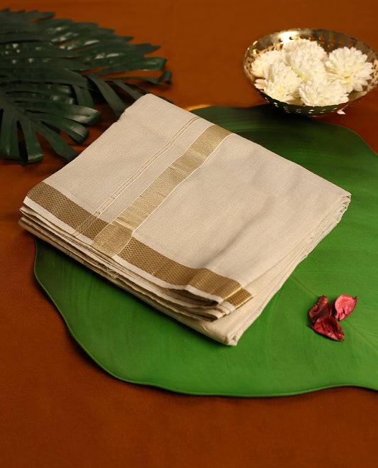 Light Gold Colour Tissue double dhoti with Gold kara, crafted for traditional elegance & comfort, for men.