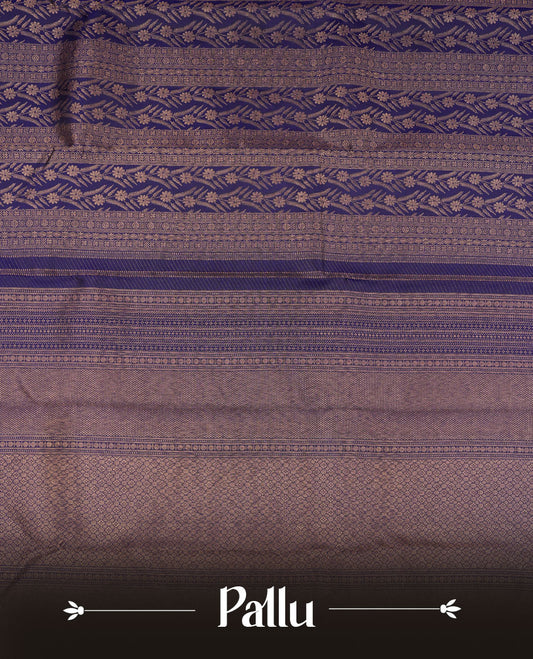 Dark violet colour Kanchipuram pattern Manthrakodi saree adorned with intricate geometrical zari floral weaving, complemented by an antique traditional zari border and a plain blouse piece with matching zari border.