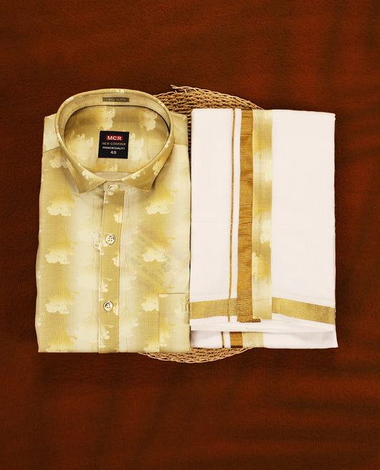 Deep Mustard colour MCR full sleeve shirt featuring all over abstract prints, paired with a white dhoti adorned with a rich golden zari kara and a matching deep Mustard printed border.