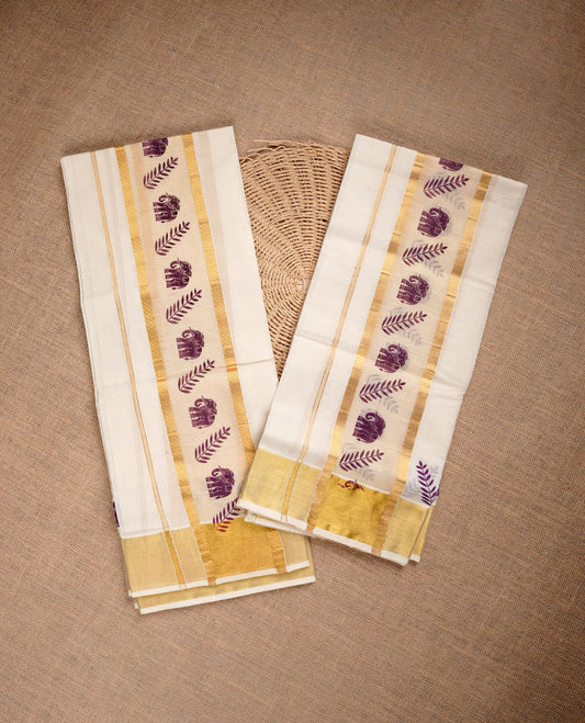 Cream colour set mundu highlighting elephant& leaf print on gold zari border.