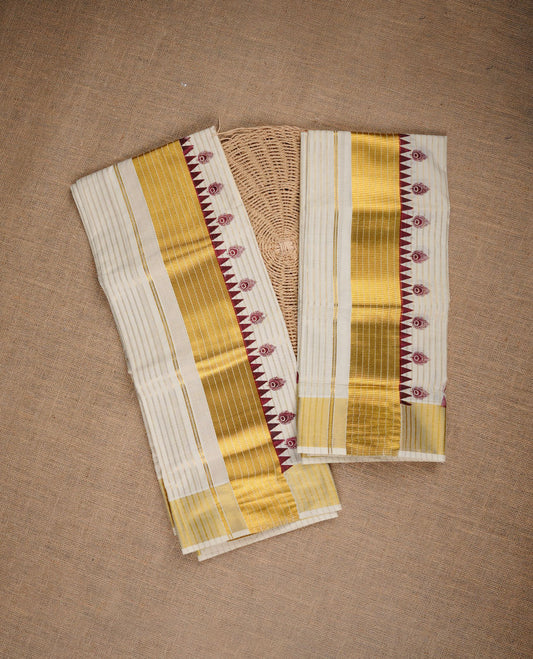 Cream colour cotton set mundu highlighting gold zari stripes on body, border with maroon colour temple & peacock leaf print.
