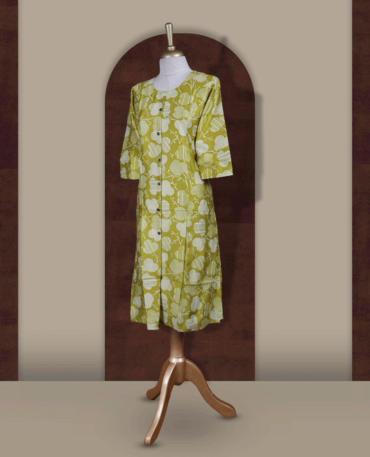 Lemon green colour kurthi with off white floral prints, crafted from soft cotton for a breezy and elegant look & Features a round neckline, 3/4th sleeves, and a button down front.