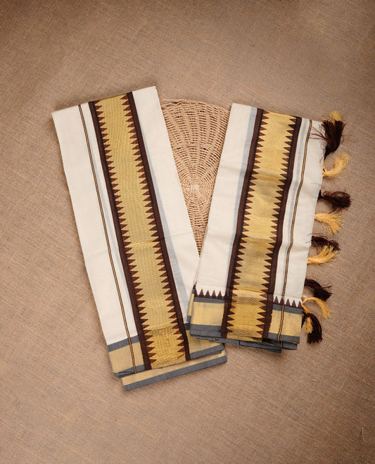 Cream colour cotton set mundu highlighting Maroon colour temple print on traditional border.