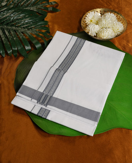 White Colour Pure Cotton single Dhoti with ash and silver Colour Border for Men