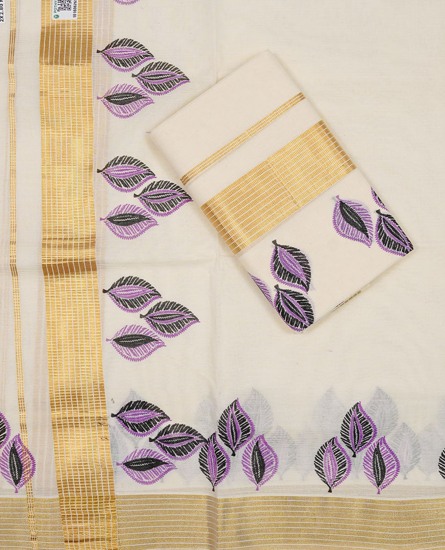 Off white colour Cotton Set Mund featuring a plain body, enhanced by a gold zari border with purple leaf printed motifs.